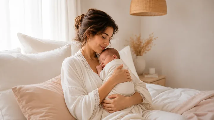 Une maman tenant tendrement son bébé dans une ambiance calme
