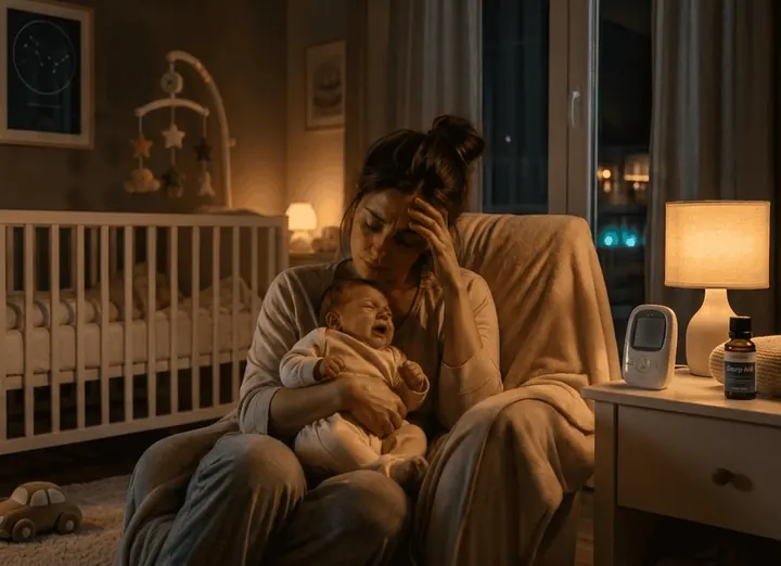 Une maman fatiguée berçant son bébé pendant la nuit
